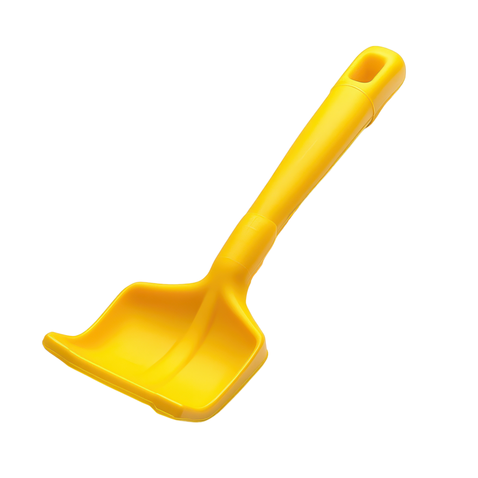 Bright yellow kids toy shovel for fun at the beach or sandbox playtime, Yellow Kids Toy Shovel for Beach and Sandbox Play, isolated on Transparent background png