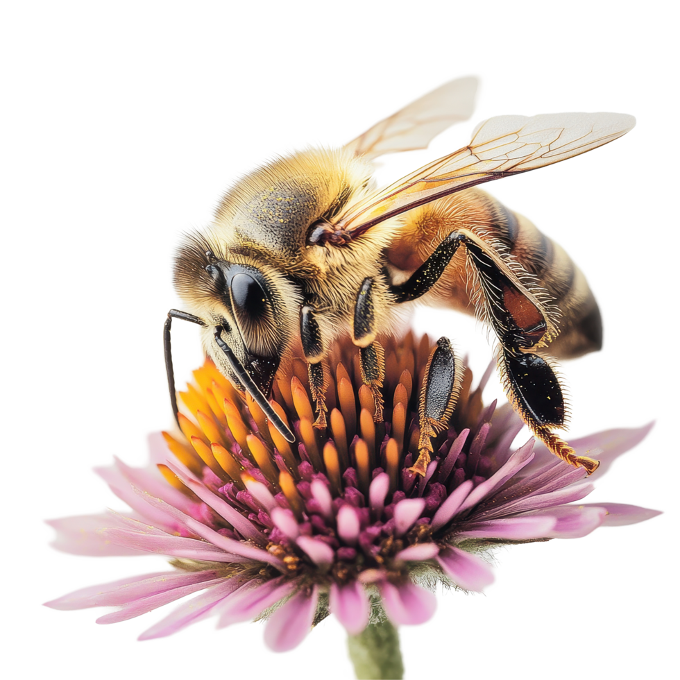 Closeup of a vibrant bee collecting nectar from a colorful flower against a clean Transparent background, Closeup a bee on a flower png