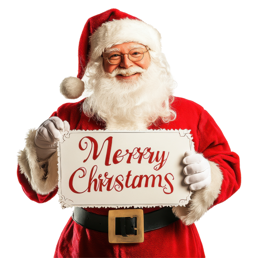 Jolly Santa Claus with a Merry Christmas sign celebrating the holiday spirit, Jolly Santa Claus Holding Merry Christmas Sign on Transparent background png