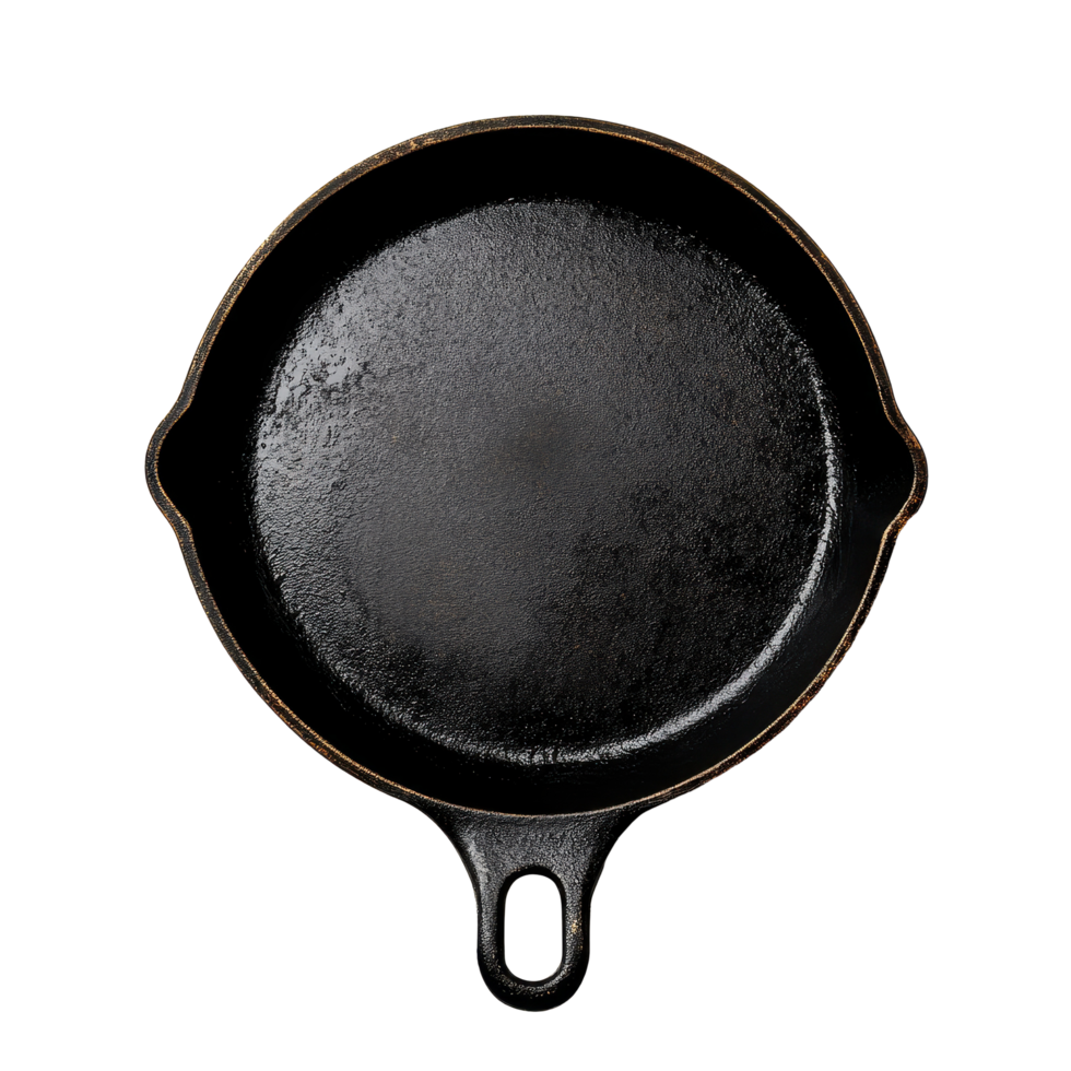 Black cast iron skillet top view isolated on Transparent background for culinary and cooking contexts, Pan top view isolated on background png