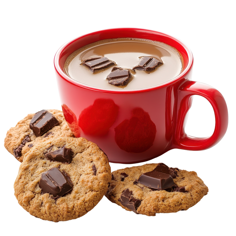 Enjoying a warm red coffee cup with chocolate cookies on a Transparent background, Red coffee cup and chocolate cookies. Isolated on background png