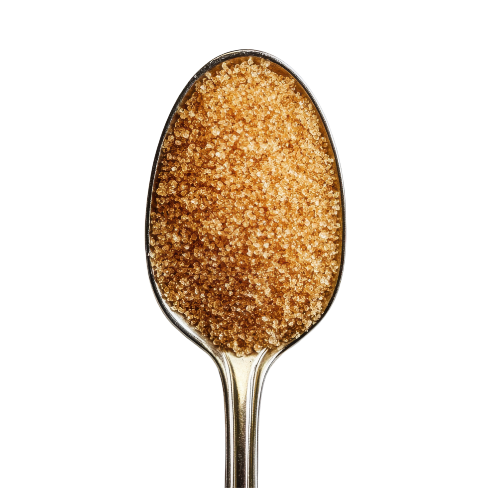 Brown sugar heaped in spoon showcasing fine texture on a white background, brown sugar in spoon on white background png