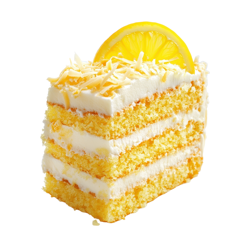 Lemon coconut cake with layers of frosting and garnished with a slice of lemon on a Transparent background, lemon coconut cake isolated on background png