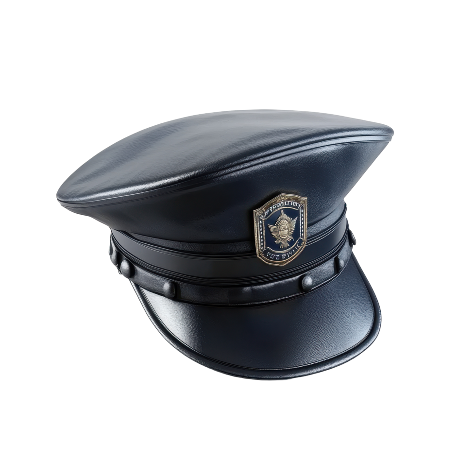 Police uniform hat with badge resting on a clean Transparent background, police uniform hat with badge isolated on background png