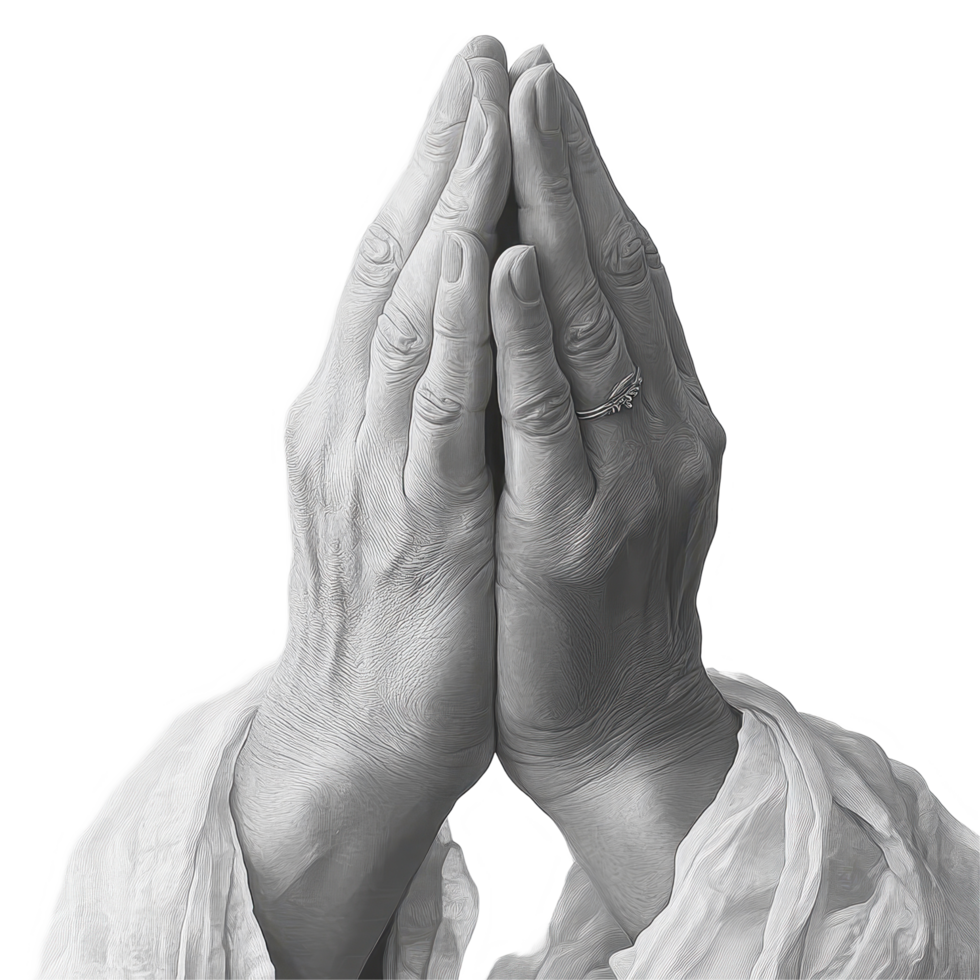 Hands clasped in prayer showcasing textured artistry in black and white, Hands Clasped in Prayer Black and White Texture Art, white background png