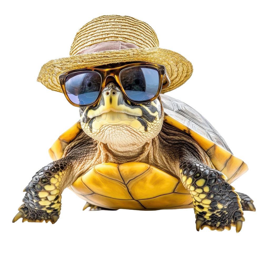 Summer vibe turtle wearing hat and sunglasses, enjoying a relaxed moment, Summer Vibe Turtle with Hat and Sunglasses on Transparent background png