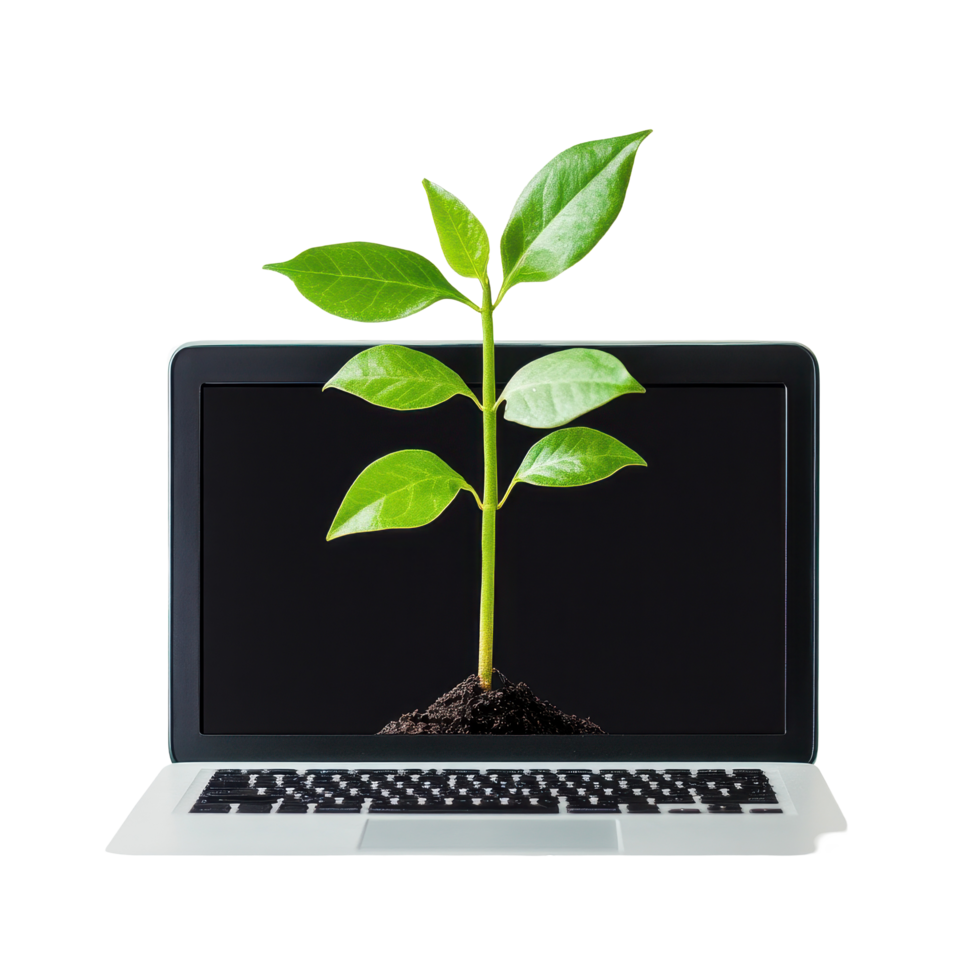 Plant emerges from open laptop highlighting natures resilience in technology, Plant Growing Through Laptop on Transparent background png
