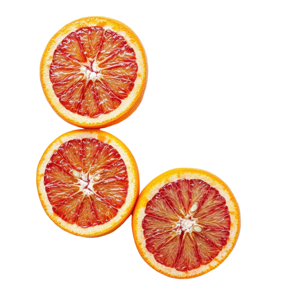 Vibrant half blood oranges on a clean white background ideal for culinary presentations and recipes, half blood oranges isolated on white background png