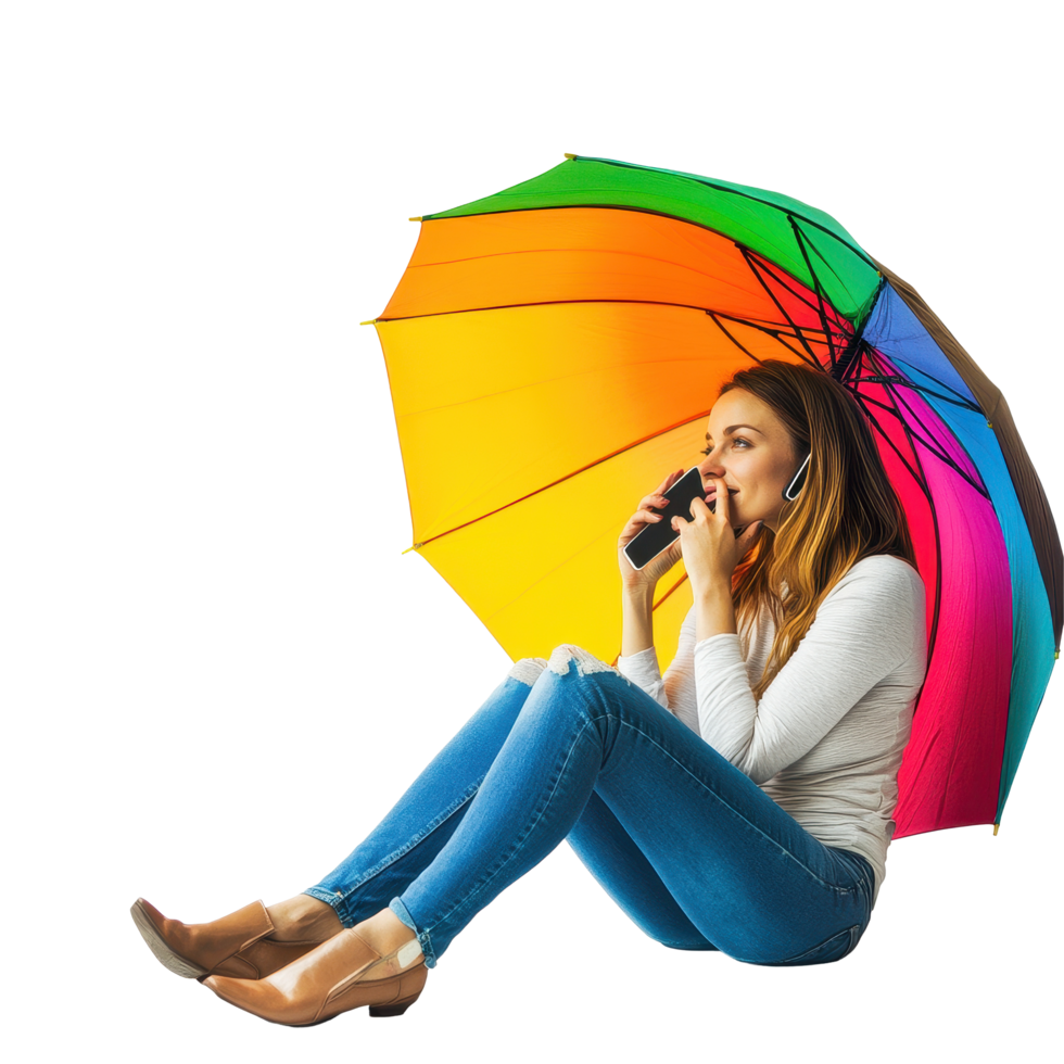 Woman talking on the phone while sitting under a colorful umbrella in a cozy setting, Portrait a Woman Talking on the Phone Sitting under Colorful Umbrella, Transparent background png