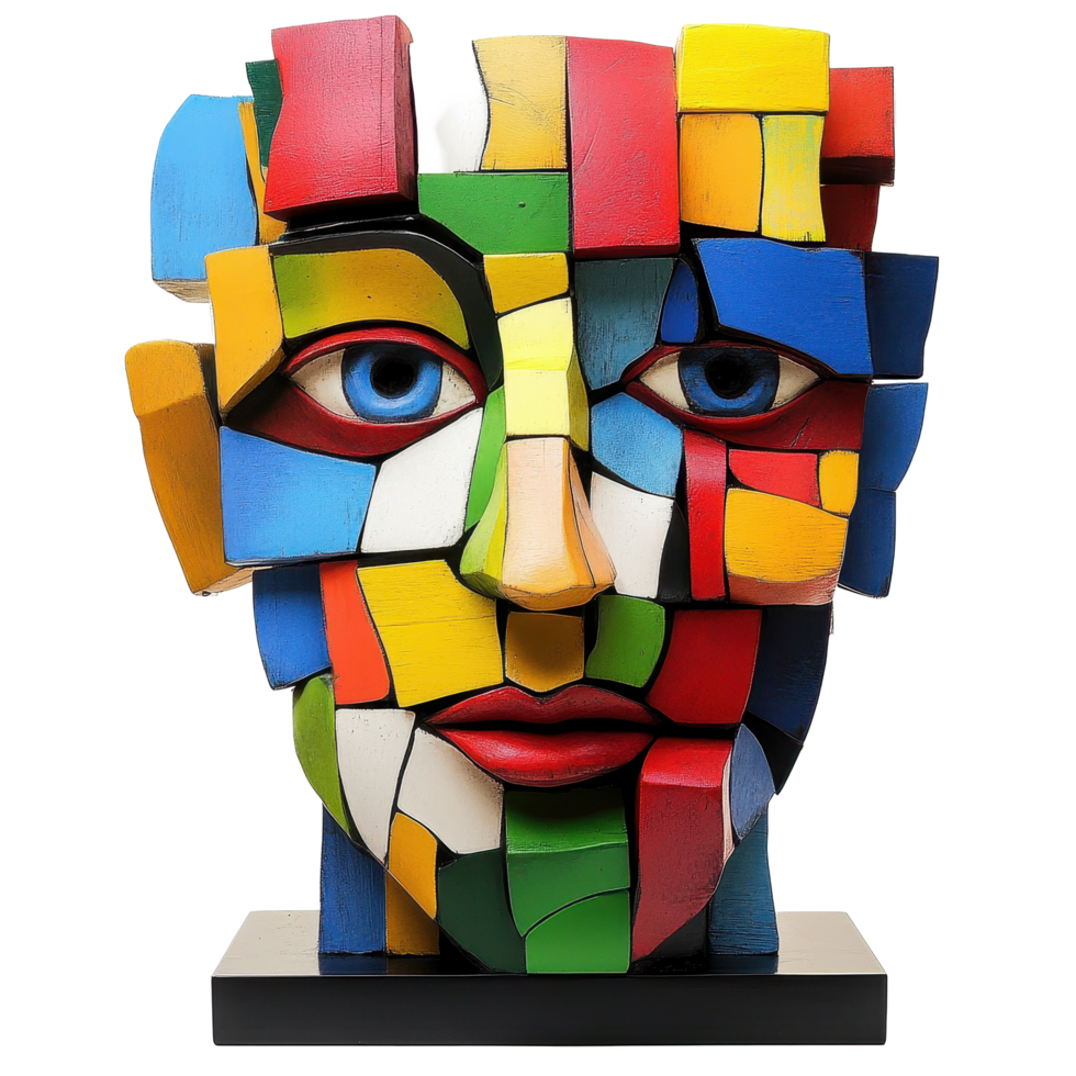 Colorful sculpture of a face made from blocks on a Transparent background, colorful sculpture a face made out blocks, background png