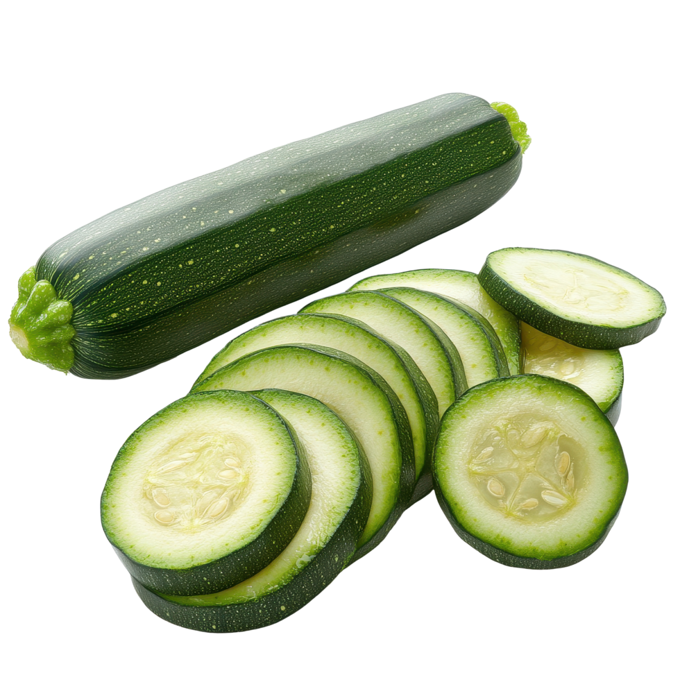 Freshly sliced zucchini on a clean Transparent background showcasing healthy cooking ingredients, slice fresh zucchini with slice on background png