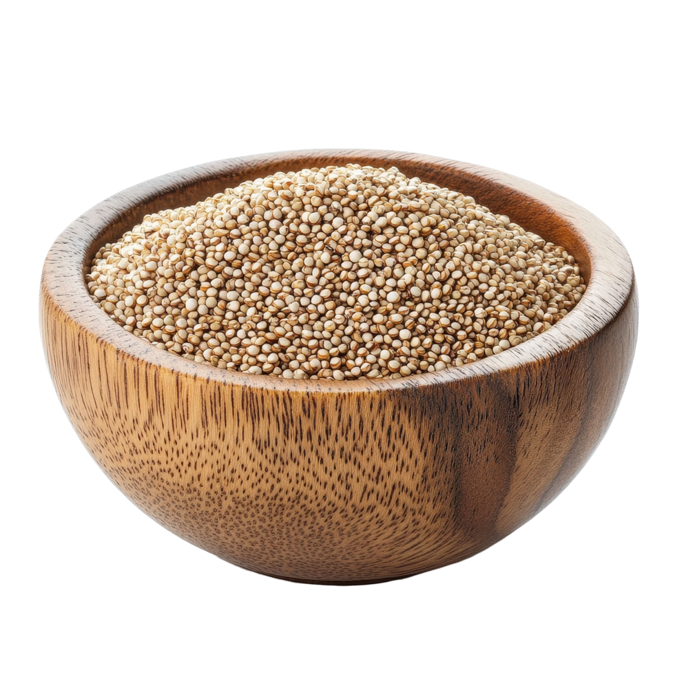 Quinoa seeds in a wooden bowl on a clean Transparent background for healthy eating, Quinoa seeds in wood bowl isolated on background png