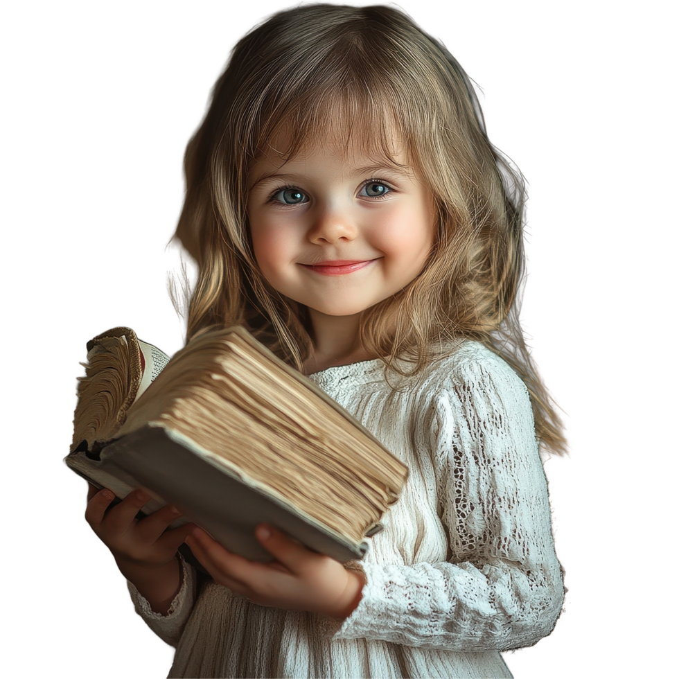 Little girl with a charming smile holds a large book in a cozy indoor setting, Pretty smile little girl hold a book png