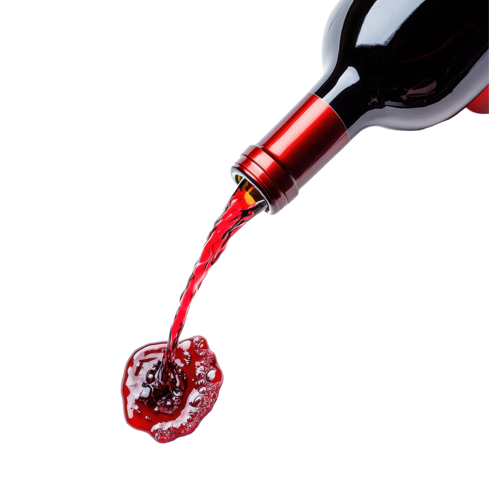 Red wine pours from a bottle creating a rich pool on a clean white backdrop during casual dining, Red wine pouring from bottle on Transparent background png