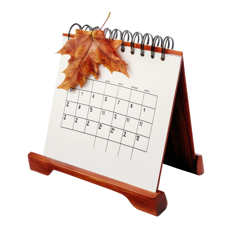 November calendar with autumn leaf on a wooden stand isolated on a Transparent background, table calendar 2025 november isolated on White background png