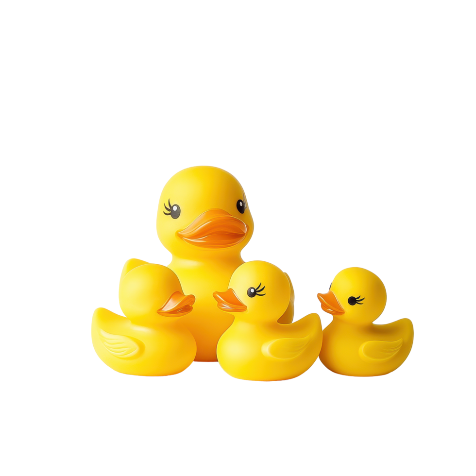 Cute yellow rubber ducks family on a Transparent background creating a cheerful atmosphere for children, Cute yellow Rubber Ducks Family png