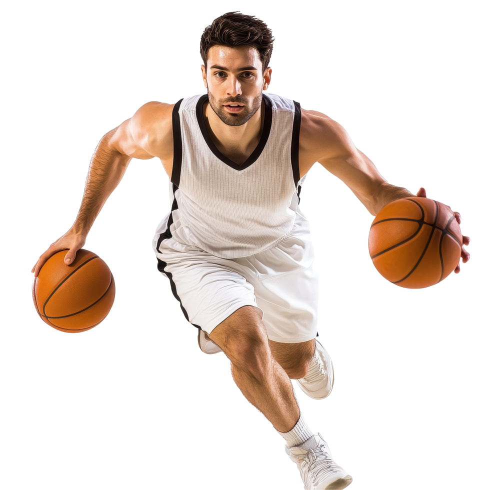 Man showcases athleticism by dribbling two basketballs on a Transparent background during a dynamic sport activity, Man Playing Basketball isolated on background png