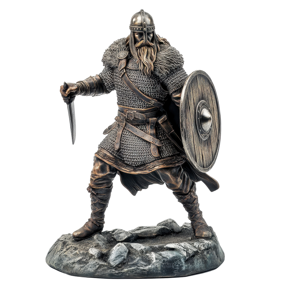 Viking warrior statue in dynamic battle stance showcases strength and valor, Viking Warrior Statue in Battle Stance on Transparent background png