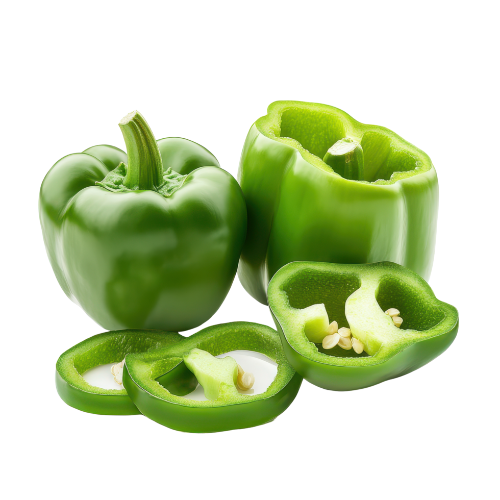 Fresh green bell peppers and sliced pieces on a white background ready for cooking or meal preparation, red sweet bell pepper, half and slices isolated, isolated on white background png