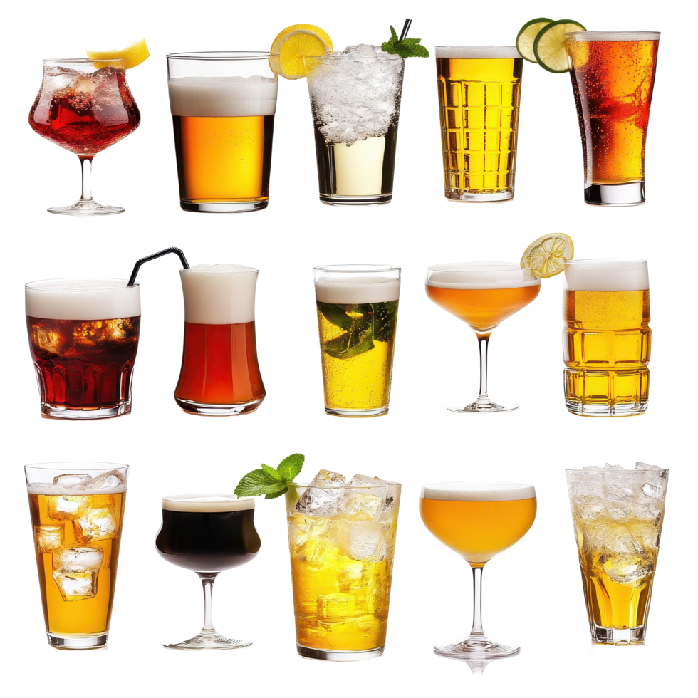 Selection of various drinks including cocktails and beer displayed isolated on Transparent background, various drinks, cocktails and beer isolated on background png