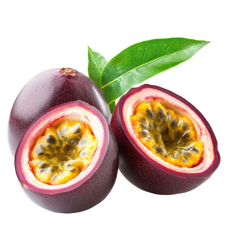 Fresh passion fruits cut open with vibrant pulp and green leaves on a clean Transparent background, passion fruits isolated on background png