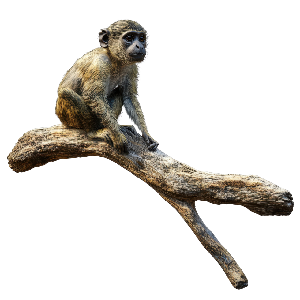 Monkey sitting on a branch against an isolated Transparent background in a calm pose, Monkey on a branch isolated background IA generative, background png