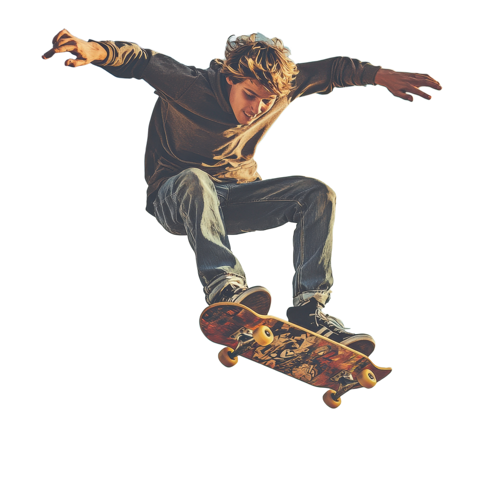 Young male skateboarder performs a high jump under a clear blue sky in an urban setting, Skateboarder young male jumping high png