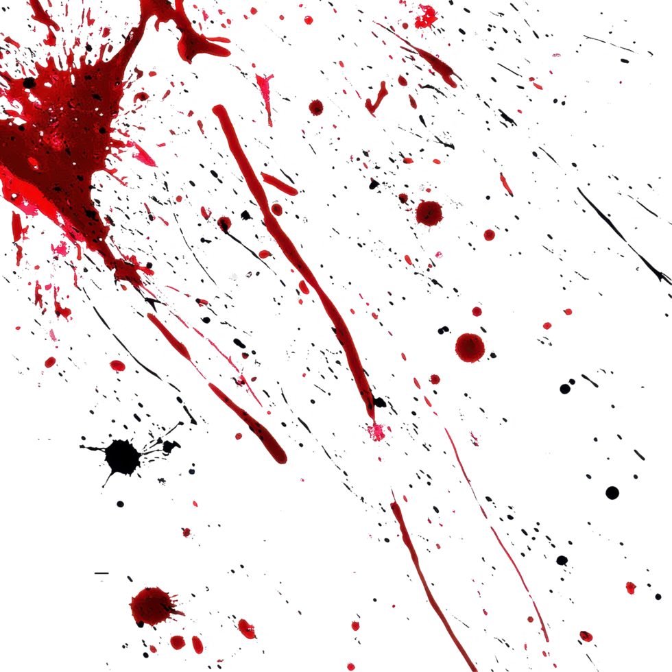 Vivid blood splatter on a white background creating a dynamic, artistic expression of chaos and intensity, Blood Splatter On white background png