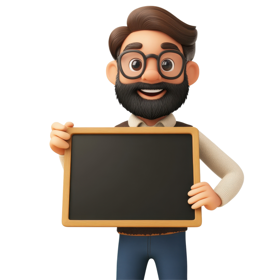 Cheerful teacher character holding a blackboard in a classroom setting with a friendly smile, Teacher character next to a black board 3D cartoon, Transparent background png