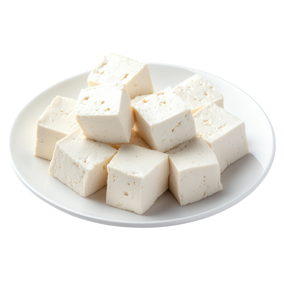 Freshly cut tofu cubes on a white plate, perfect for healthy dishes and vegetarian meals, tofu in white plate isolated on Transparent background png