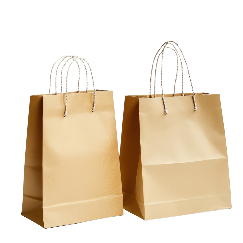 Brown paper shopping bags in a bright setting showcasing minimalist design and simplicity, Brown paper shopping bag white background with white background png