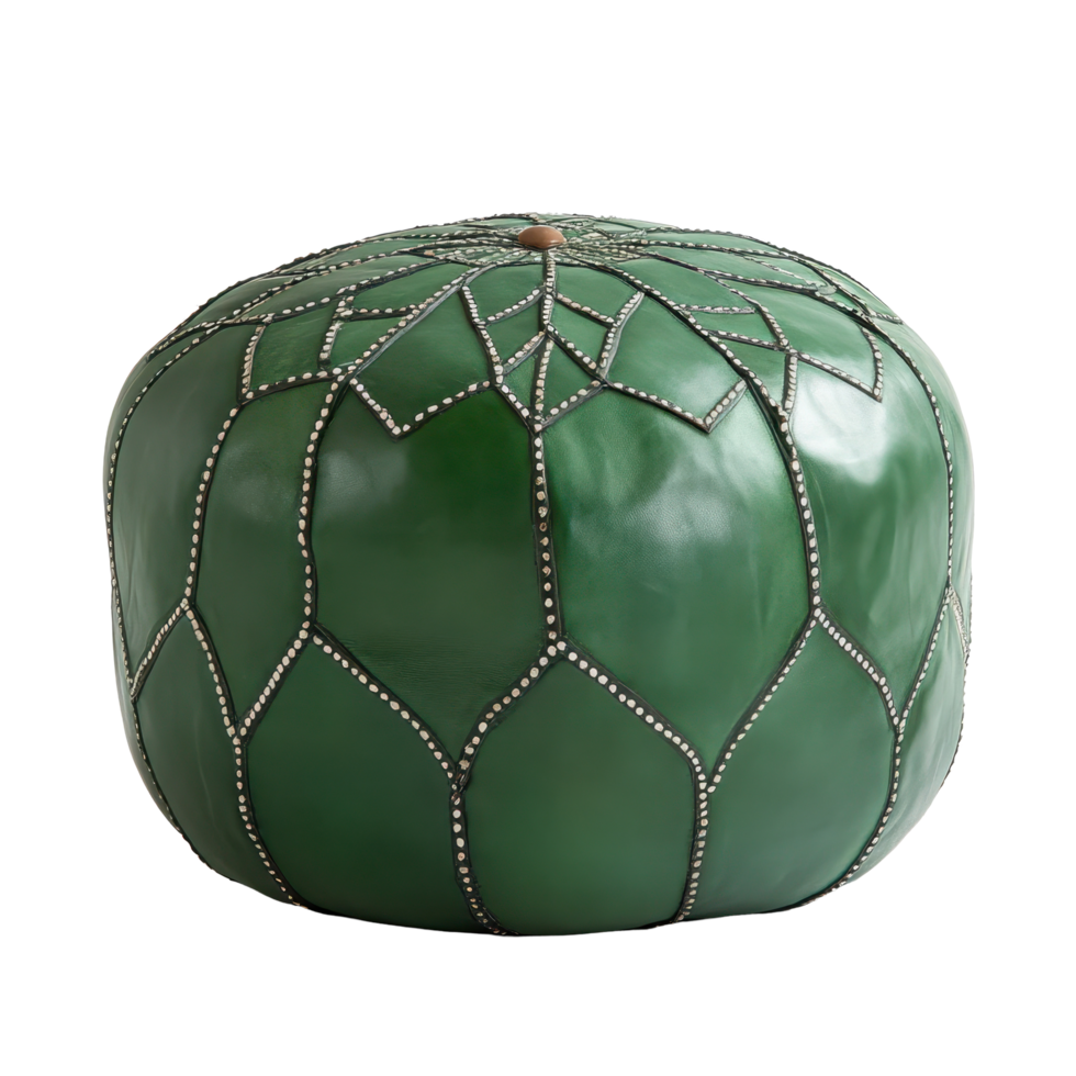 Green Moroccan leather poufs ottoman showcasing intricate design and craftsmanship, green Moroccan leather poufs ottoman isolated on white background png