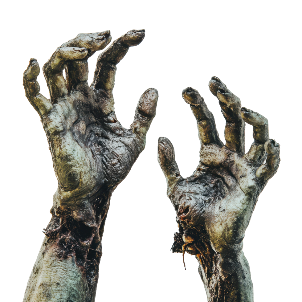 Zombie hands reaching up from Transparent background in eerie, unsettling pose, Zombie Hands Up on background png