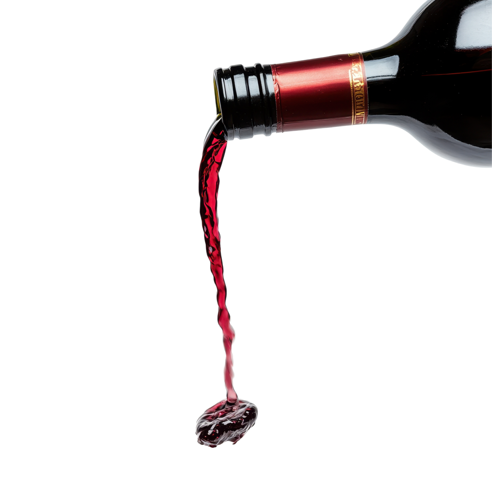 Red wine flowing from a bottle creates a rich cascade on a Transparent background, Red wine pouring from bottle on background png