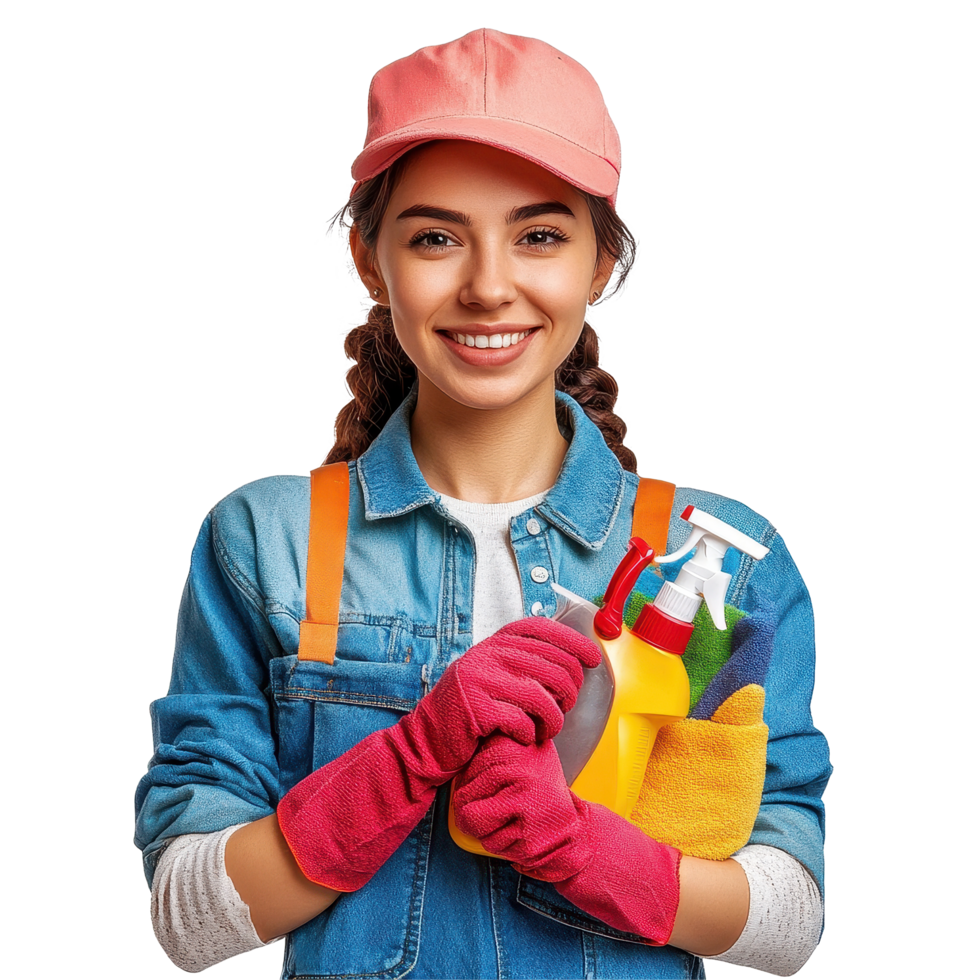 Friendly young charwoman holds cleaning accessories, ready to help in a cheerful environment, Friendly Young Charwoman Holding Accessories for Cleaning isolated on white background png