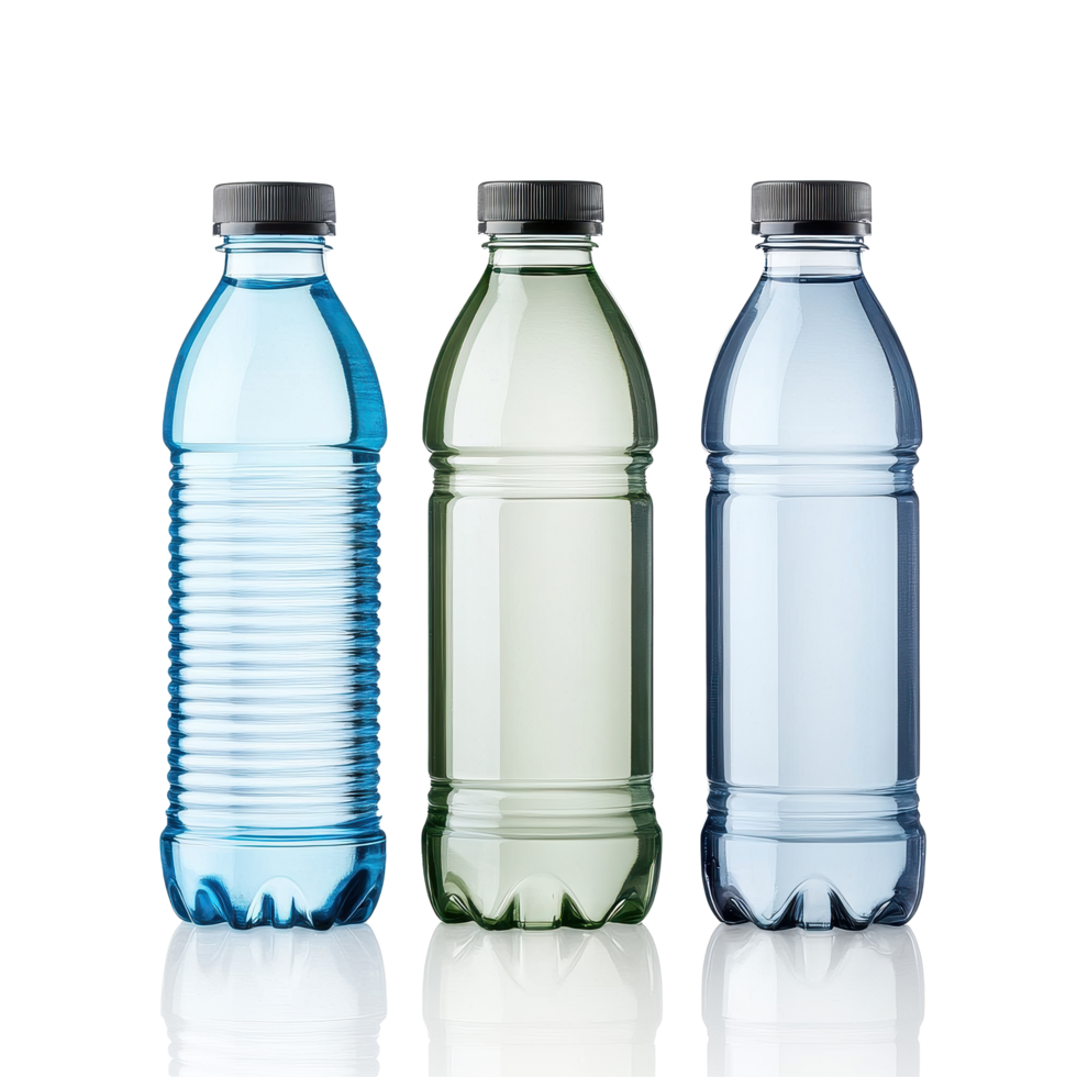 Three isolated water bottles showcasing different colors and designs on a Transparent background, Three Water Bottles isolated on background png