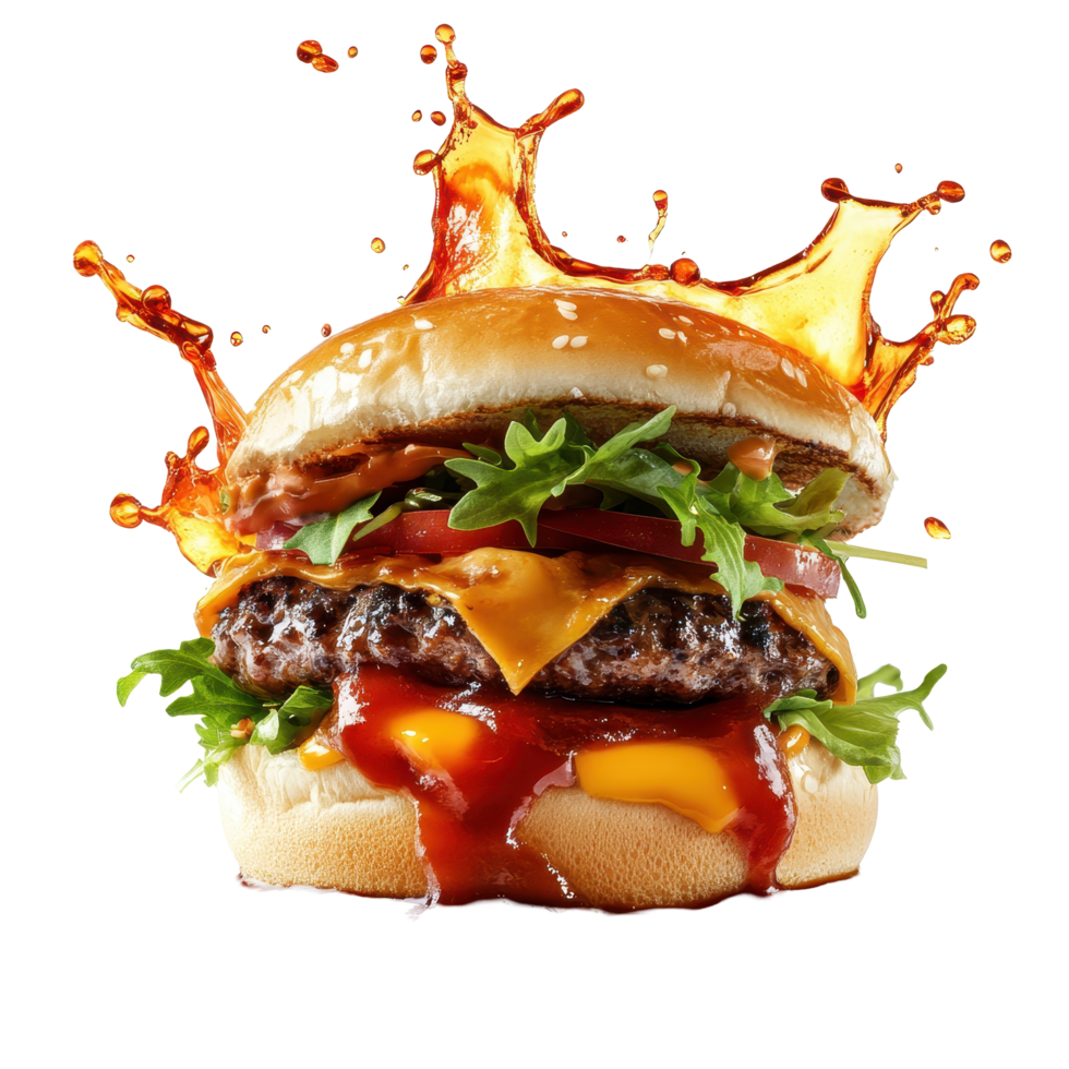 Juicy hamburger with overflowing sauce and fresh ingredients ready to enjoy at a summer barbecue, hamburger with a lot sauce and a splash liquid, white background png