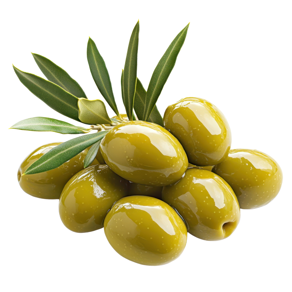 Fresh green olives with branches arranged on a white background highlighting their natural shine and texture, Green olives with a branch on a white background png