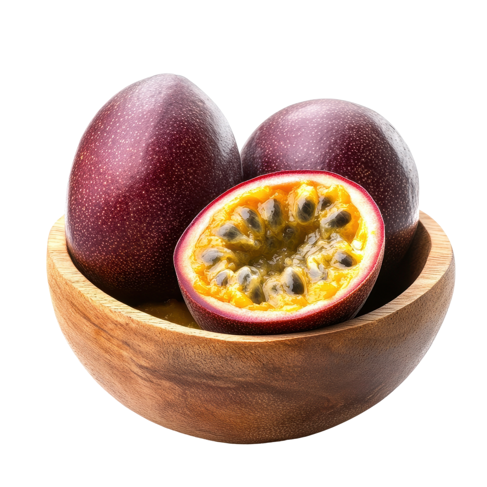 Freshly harvested passion fruit in a wooden bowl on a Transparent background, Passion fruit in wood bowl isolated on background png