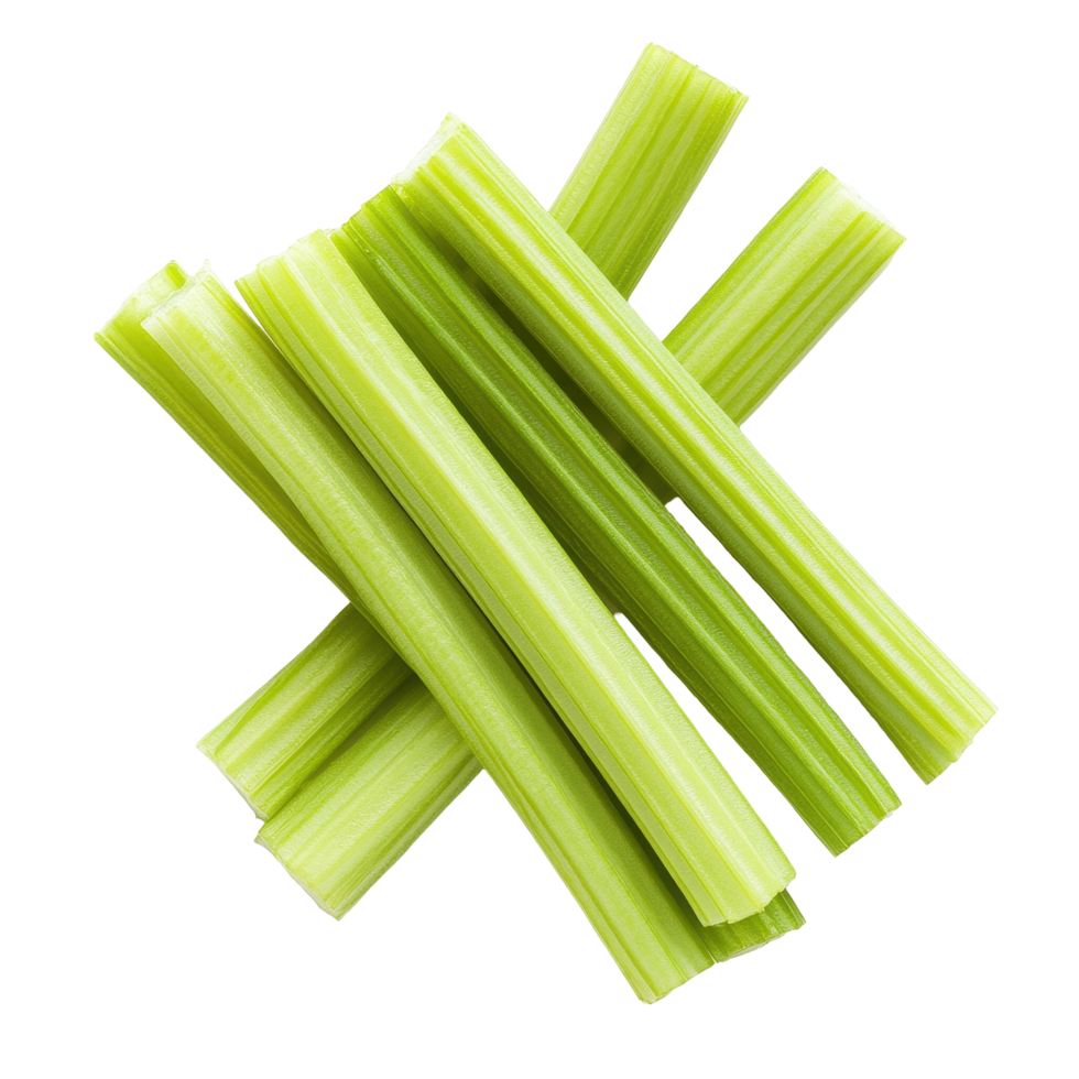 Fresh green celery sticks arranged against a clean white background for culinary presentation, Celery sticks. on white background png