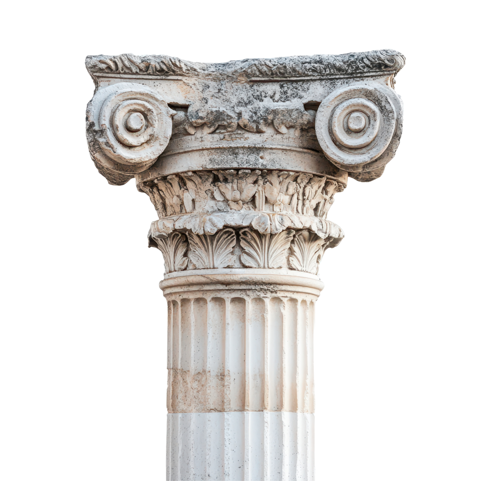 Greek column with intricate carvings standing isolated on a white background for architectural study, Greek column isolated on white background png
