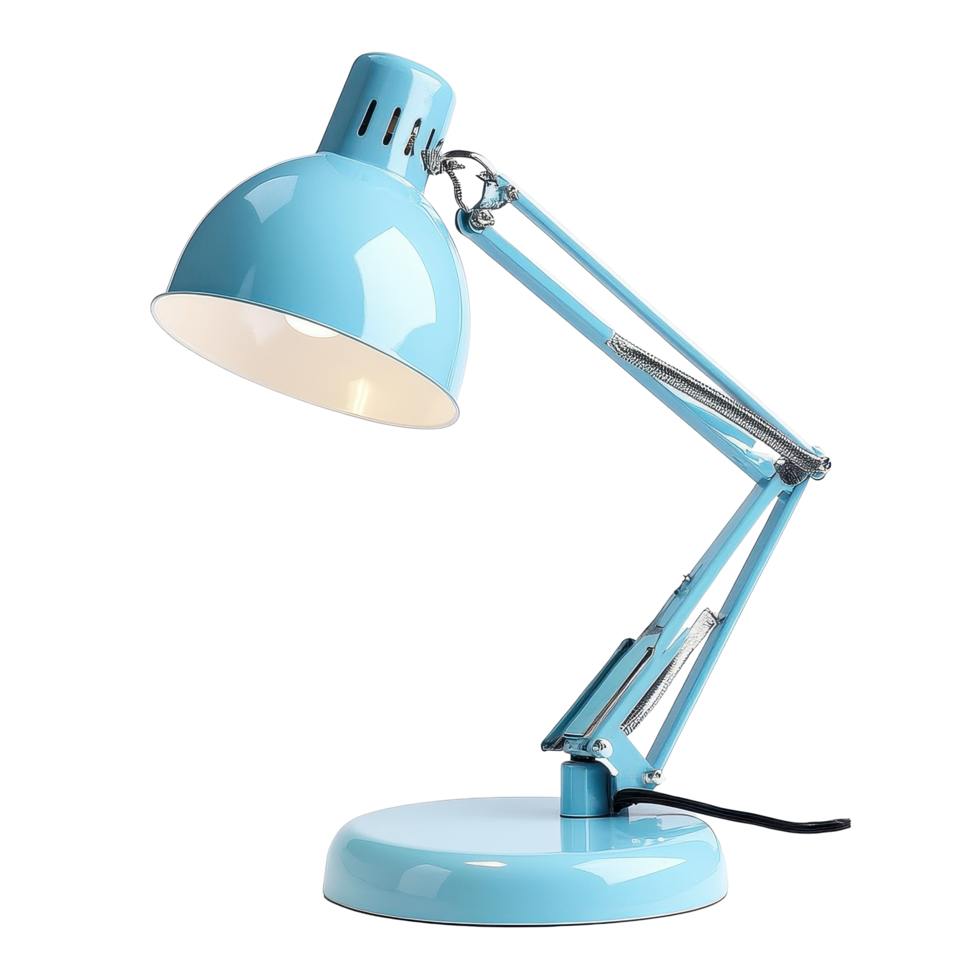 Bright blue desk lamp standing elegantly on a white background showcasing its modern design and functionality, Blue desk lamp isolated on white background png