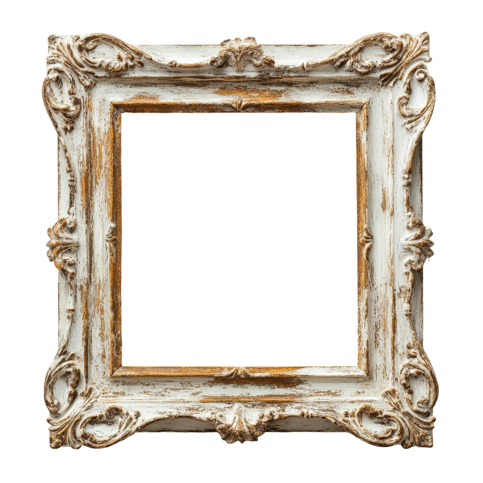 Elegant vintage wooden frame with ornate details on a clean Transparent background for decorative display, Old picture wooden frame on background with background png
