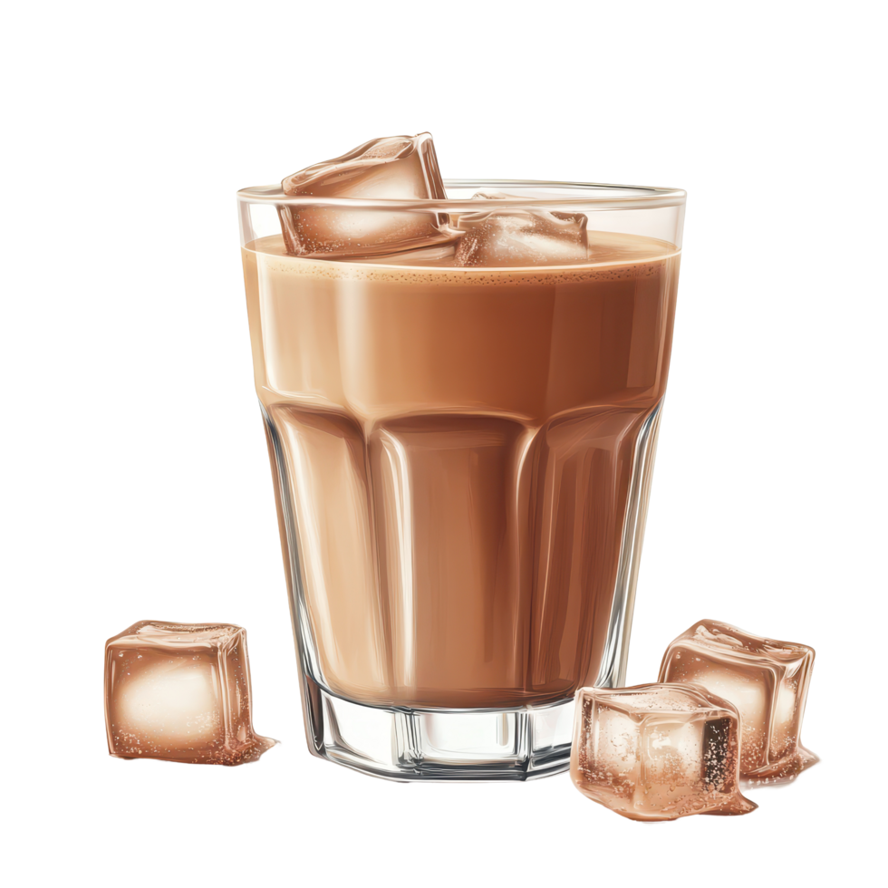 Glass of cocoa with ice cubes captures refreshing delight on a bright white background, Glass Cocoa with Ice Cubesisolated on white background png