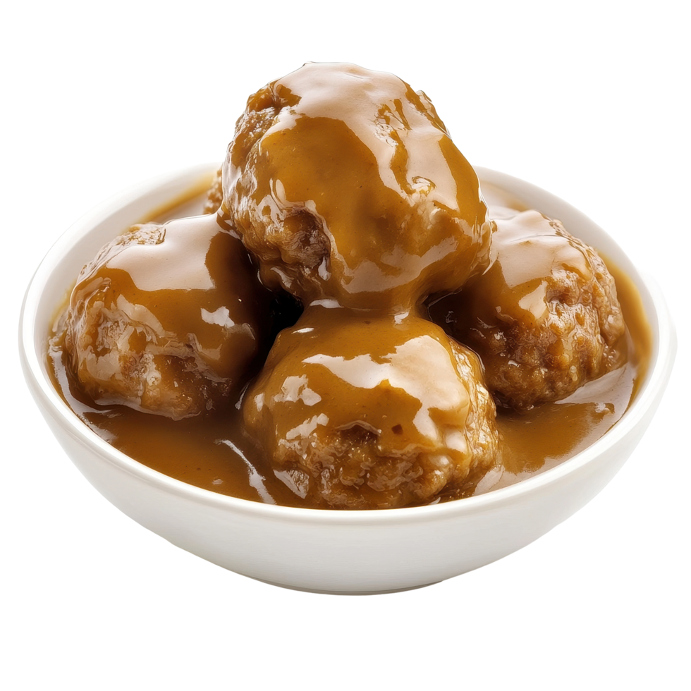 Delicious meatballs smothered in rich gravy served in a white bowl on a clean surface, Meatball and gravy isolated on Transparent background png