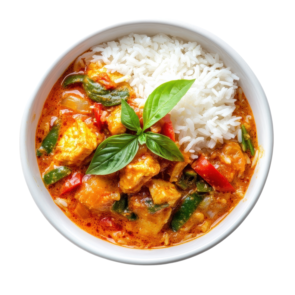 Delicious rice curry served with fresh vegetables on a Transparent background, rice curry on background png