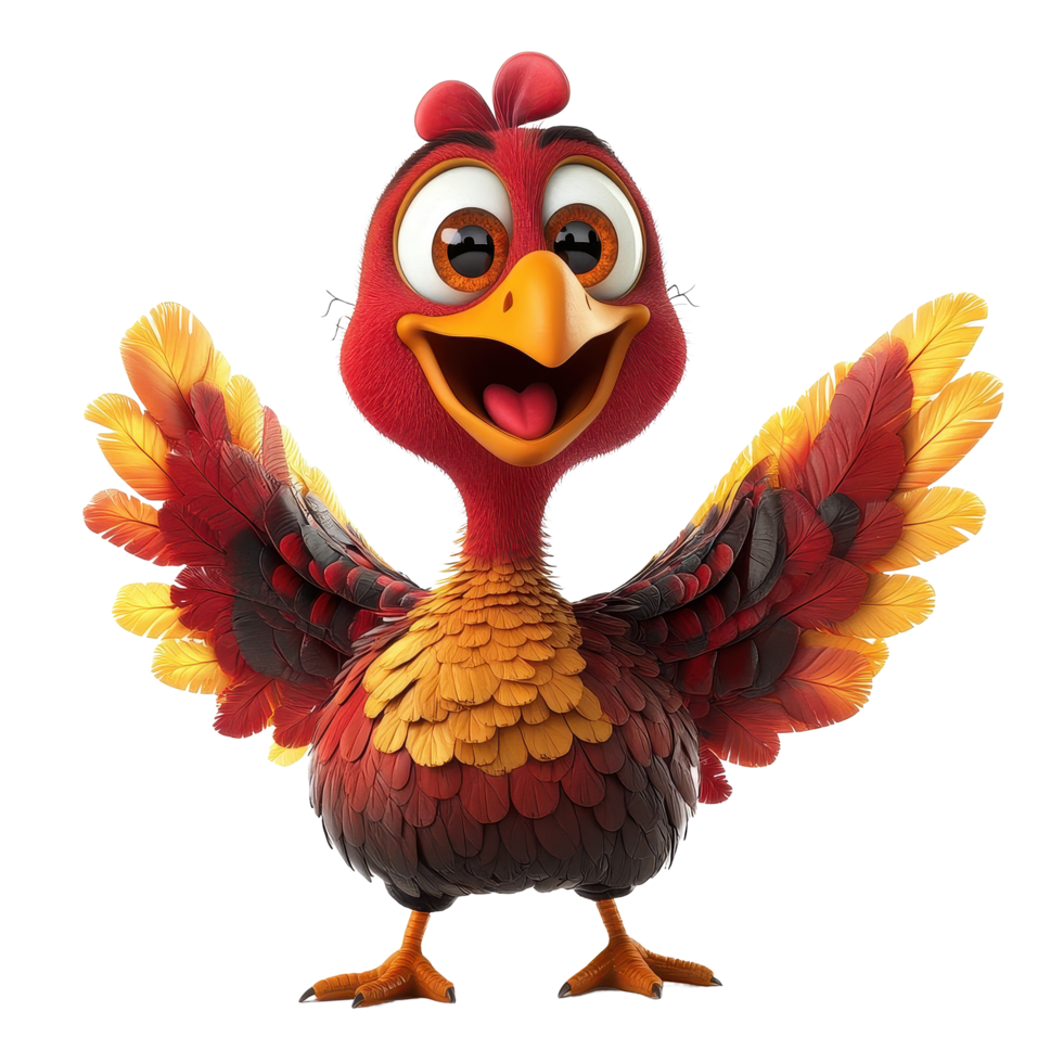 Cute cartoon turkey with colorful plumage on a Transparent background showcasing a playful and joyful expression, cute cartoon turkey 3d, isolated background png