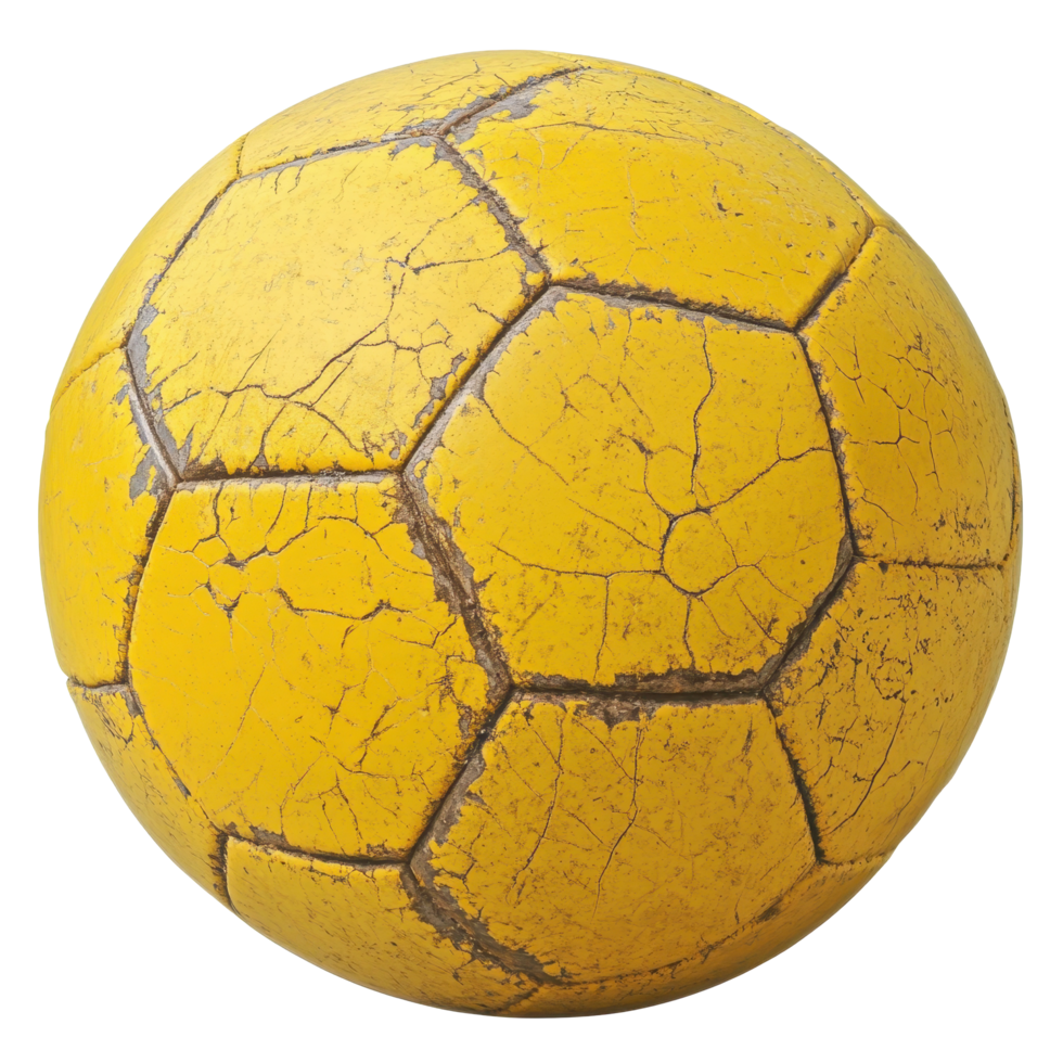 Yellow soccer ball with cracks displaying signs of wear and tear for outdoor play, Yellow Soccer Ball png