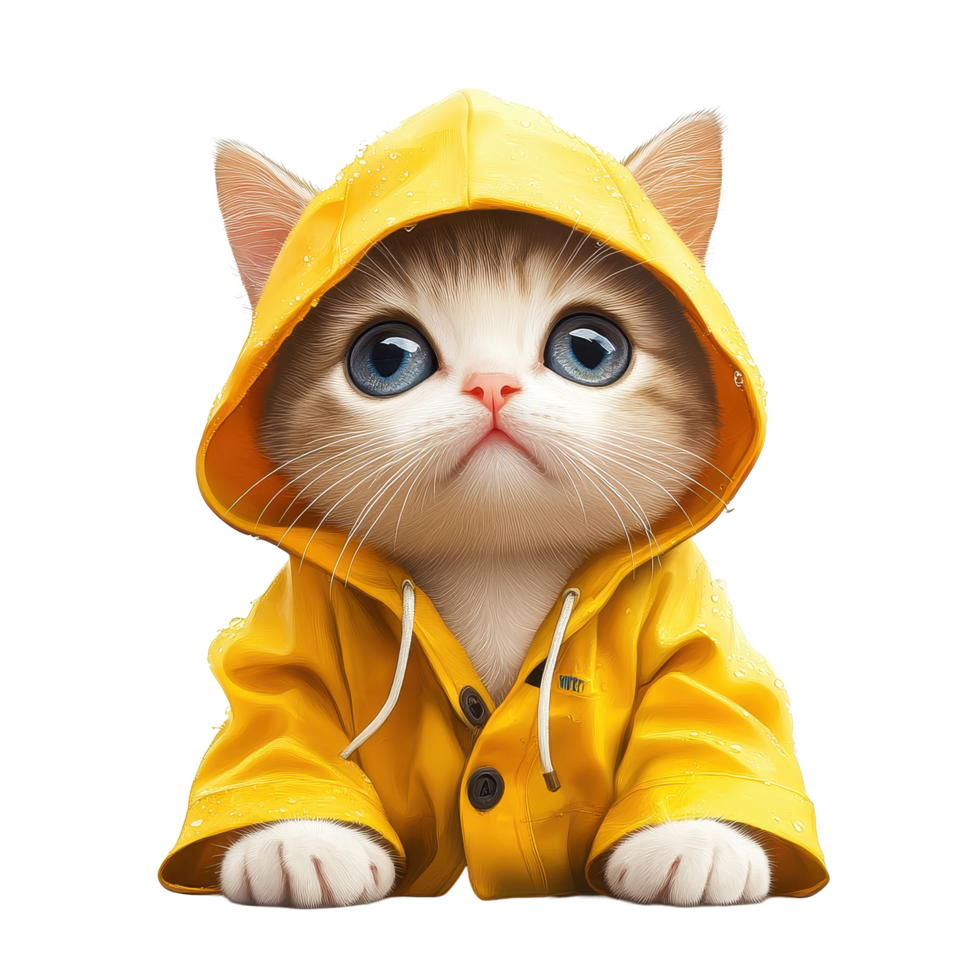 Cute baby cat in a yellow raincoat looking adorable and curious while sitting on a plain background, Cute Baby Cat in Yellow Raincoat Isolated realistic on Transparent background png
