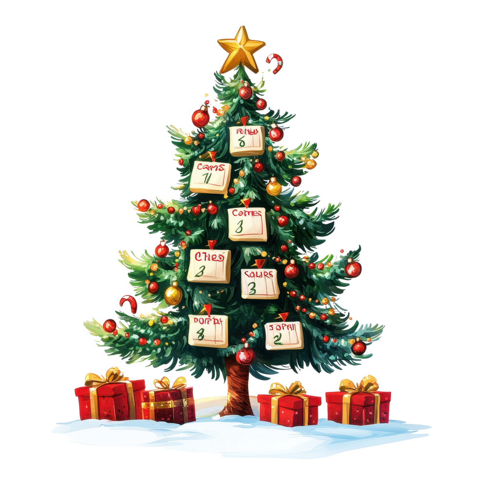 Christmas calendar featuring a beautifully decorated tree surrounded by colorful gifts and a festive ambiance, Christmas Calendar with Decorated Tree and Gifts On white background png